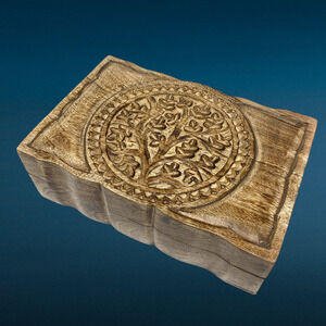 Hand Carved Tree of Life Hinged Lid Jewelry Trinket Dresser Wooden Box Farmhouse